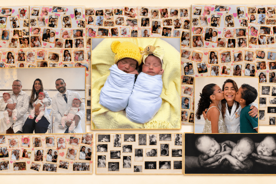 Painel com fotos de bebês, gêmeos e famílias atendidas pela Fértil Reprodução Humana, em Montes Claros (MG)