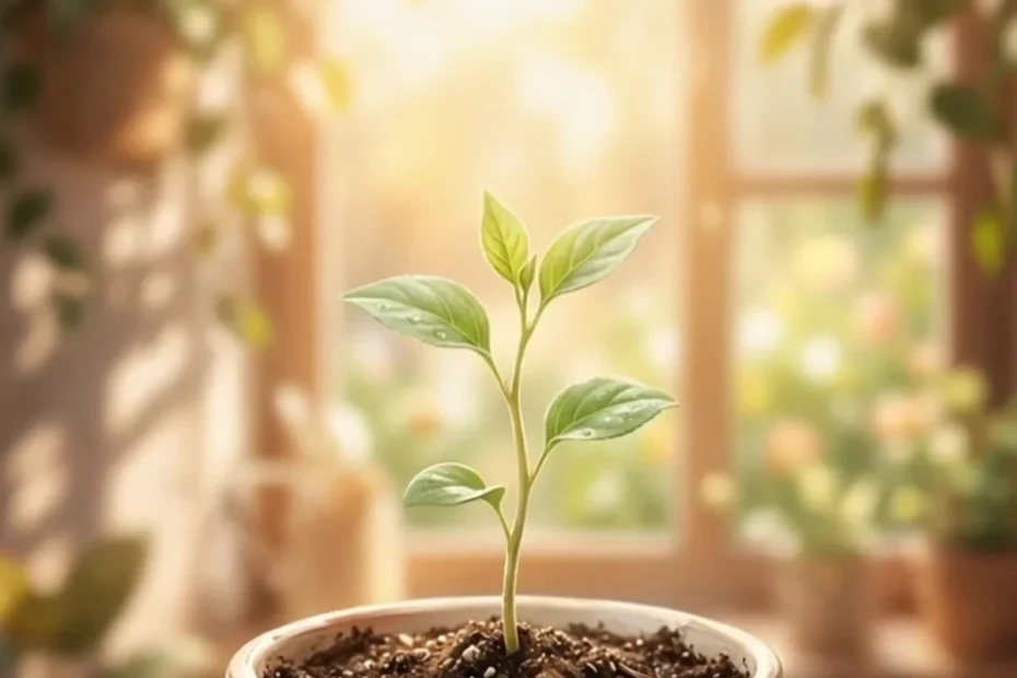 alimentação e fertilidade: Pequena muda de planta crescendo à luz natural de uma janela, imagem ilustrativa sobre alimentação e hábitos saudáveis relacionados à fertilidade