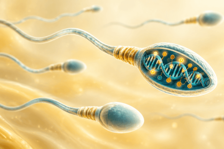 Ilustração científica de espermatozoides e DNA com marcas epigenéticas, representando a saúde do homem antes da gravidez