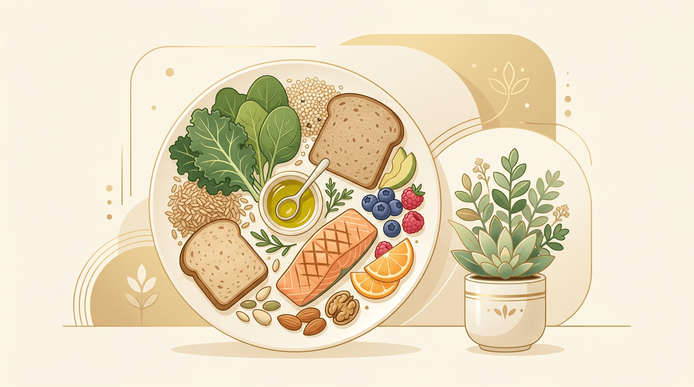 Ilustração de um prato equilibrado com alimentos naturais associados a hábitos alimentares estudados em relação à fertilidade