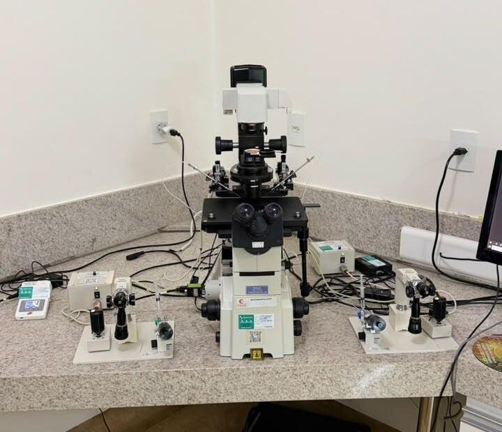 Microscópio de micromanipulação usado em procedimentos de ICSI no laboratório da Fértil