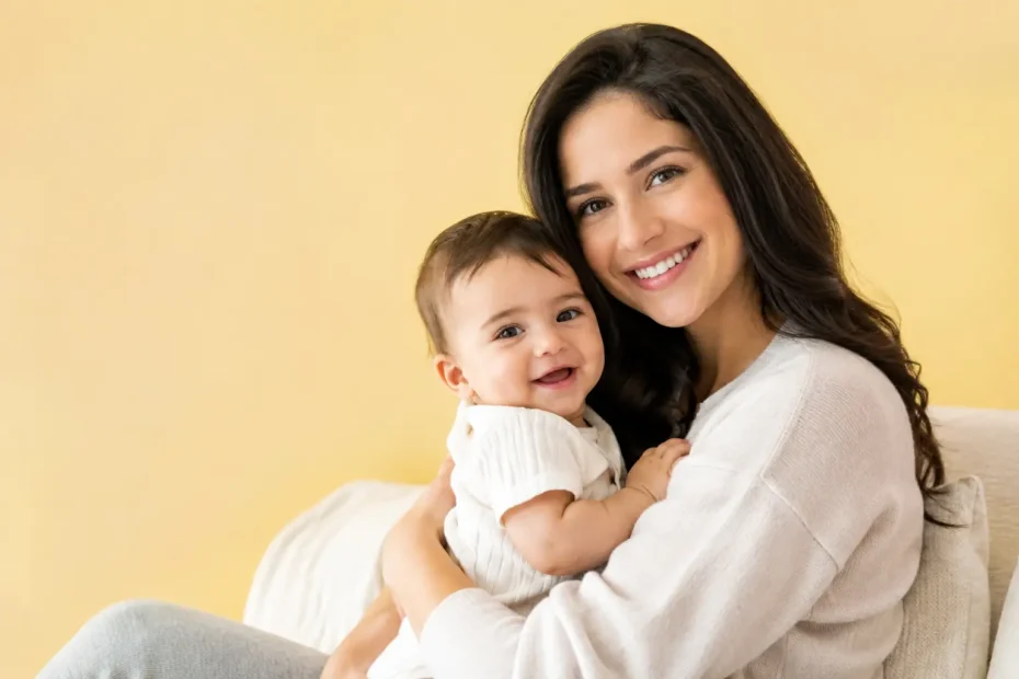 Ilustração de uma mulher sorrindo com um bebê no colo, em ambiente claro nas cores da Fértil (imagem gerada por IA)