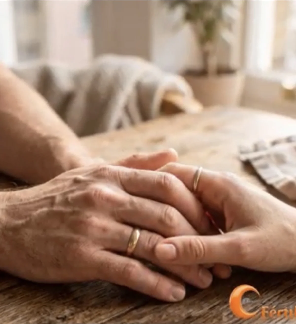 Mãos entrelaçadas de um casal sobre uma mesa de madeira, alianças de casamento visíveis, representando apoio emocional mútuo durante a recuperação após uma perda gestacional