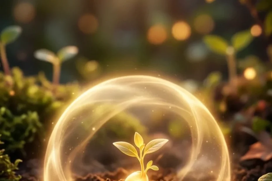 quanto tempo esperar para engravidar após aborto espontâneo: Ilustração de uma muda pequena crescendo protegida dentro de uma esfera de luz, simbolizando cuidado e esperança na retomada após uma perda gestacional