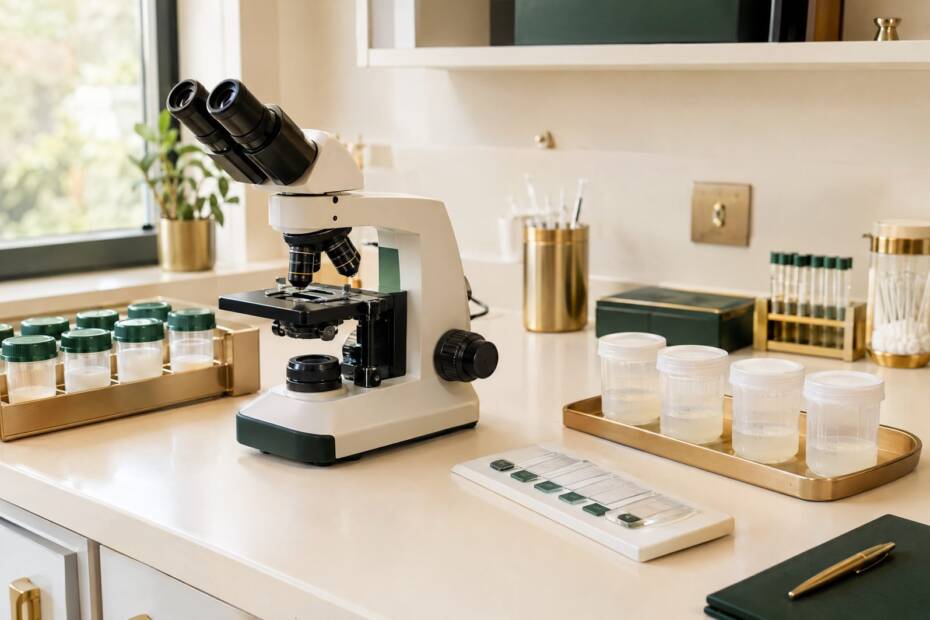 Bancada de laboratório de andrologia com microscópio e material para espermograma, sem pessoas