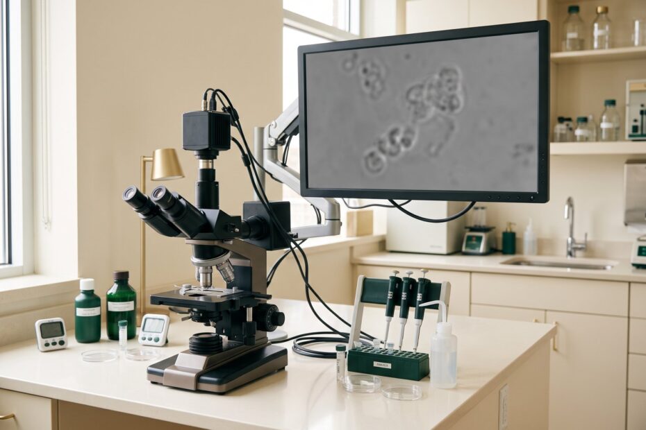Microscópio com câmera e monitor em laboratório de andrologia — imagem ilustrativa