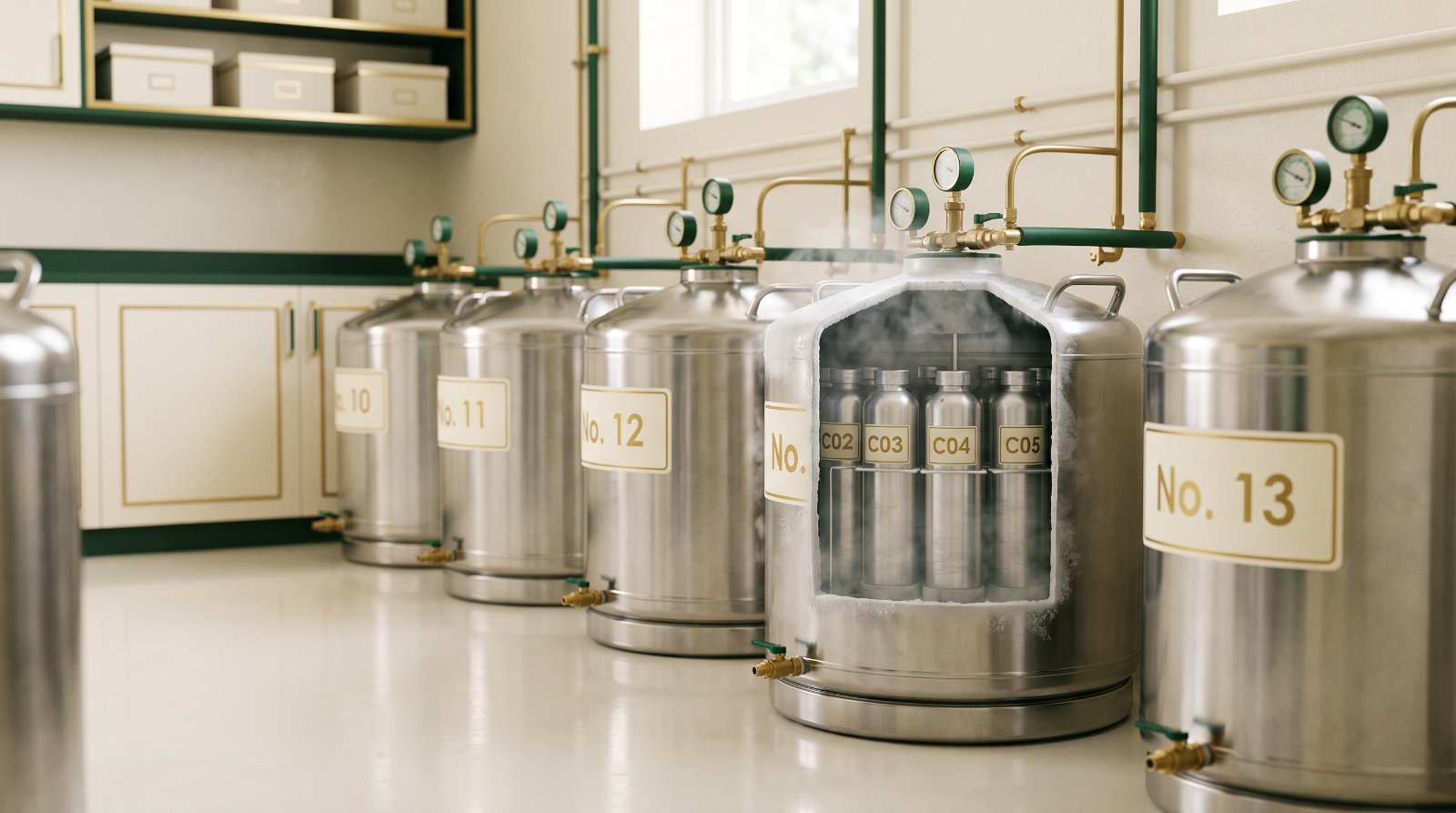 Tanques de nitrogênio líquido para criopreservação Sala de armazenamento de laboratório de reprodução assistida com tanques de nitrogênio líquido em aço inoxidável e leve névoa fria
