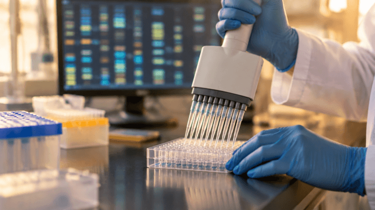 Pesquisadora em laboratório de genética analisando amostras em estudo sobre endometriose e genética