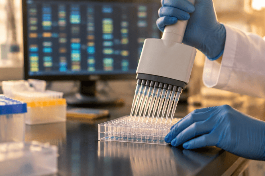 Pesquisadora em laboratório de genética analisando amostras em estudo sobre endometriose e genética