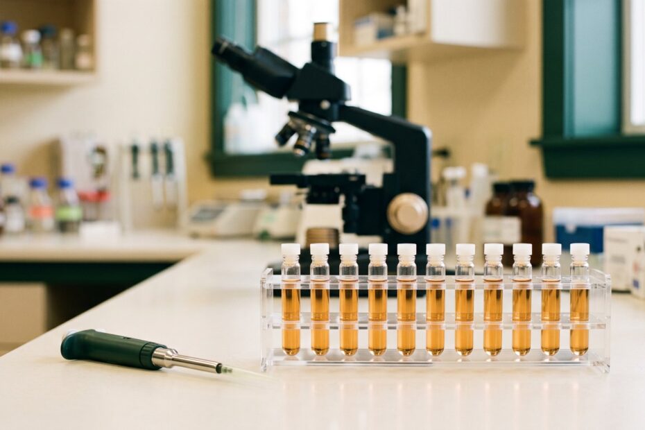 Amostras em tubos de laboratório representando a análise de sangue menstrual na pesquisa sobre endometriose