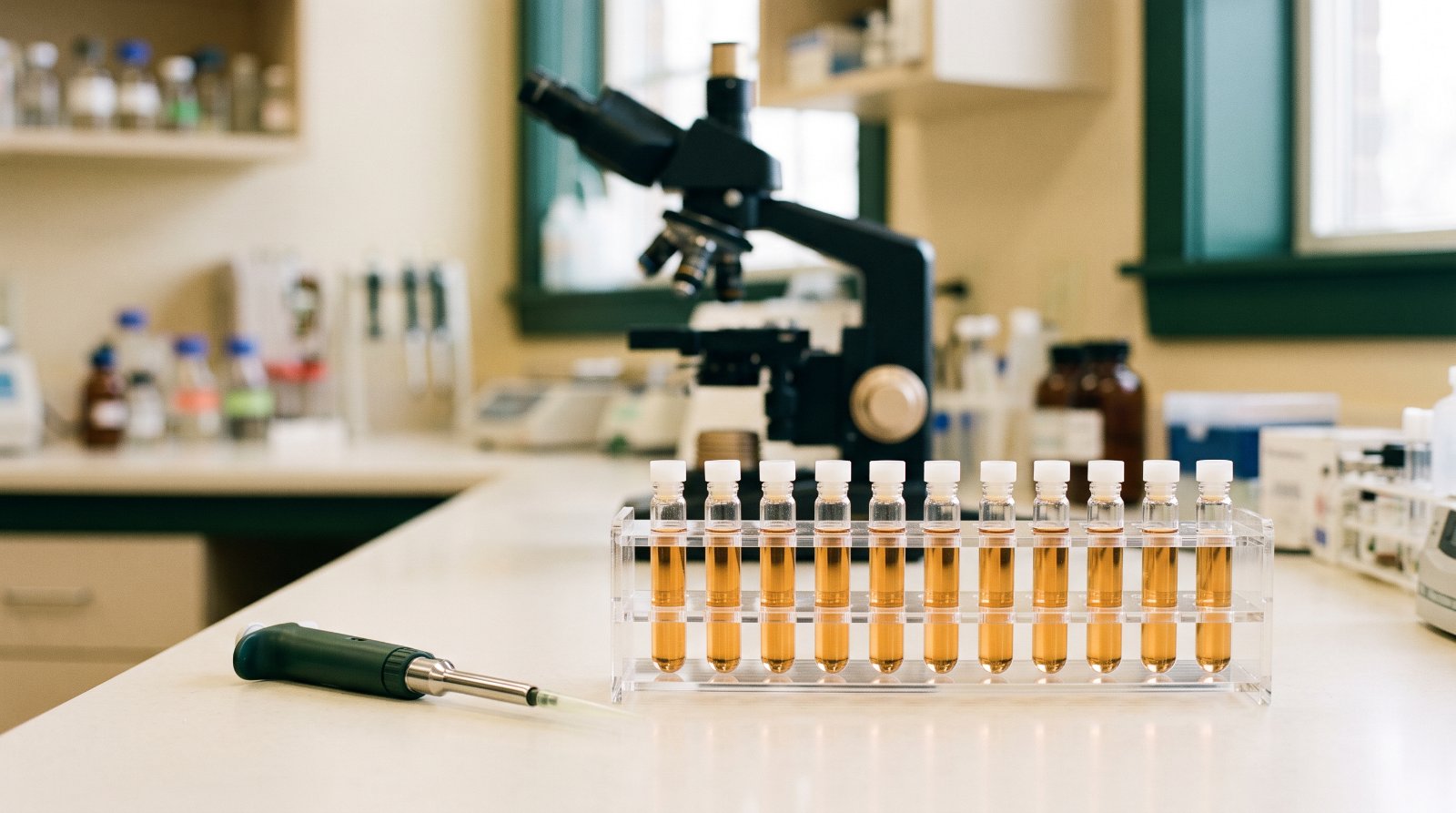 Amostras e pipeta em bancada de laboratório diagnóstico Bancada de laboratório com tubos de amostra fechados em suporte, micropipeta e microscópio ao fundo