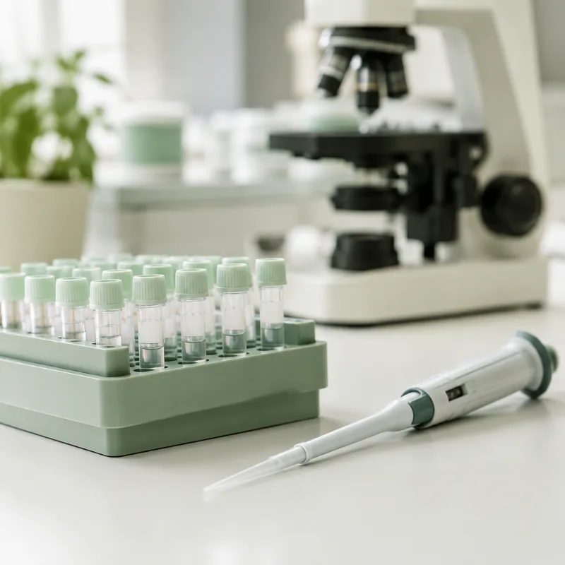 Tubos de amostra e pipeta em bancada de laboratório – Análise Genética
