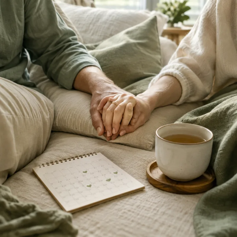 Casal de mãos dadas com calendário do ciclo – Coito Programado