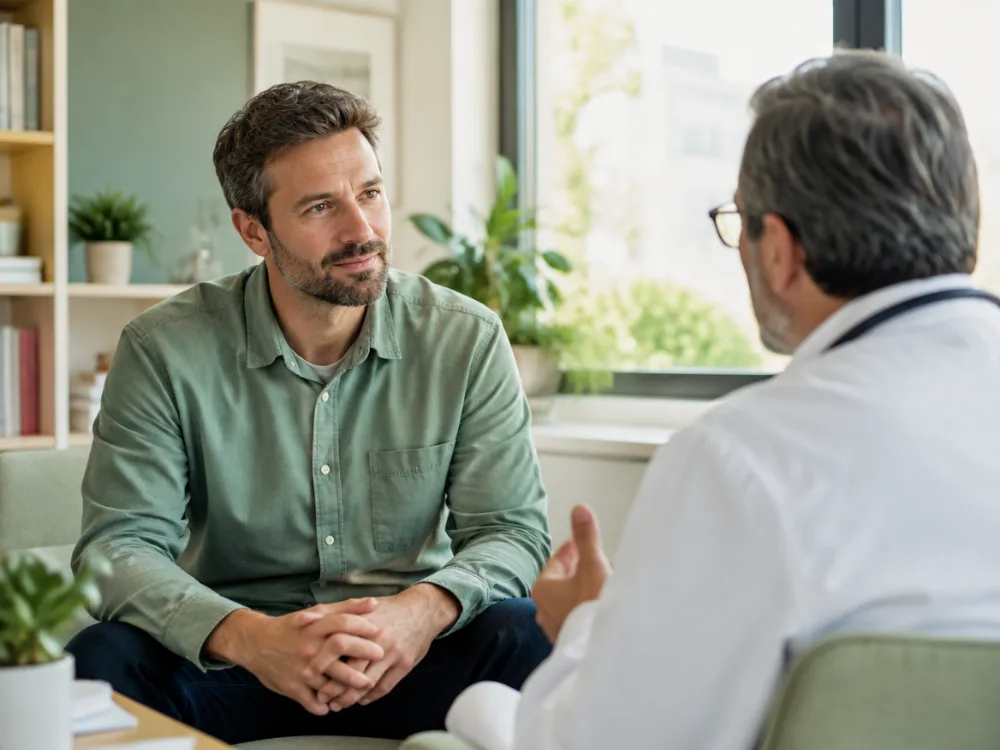 Homem em consulta com médico em consultório acolhedor – Infertilidade Masculina
