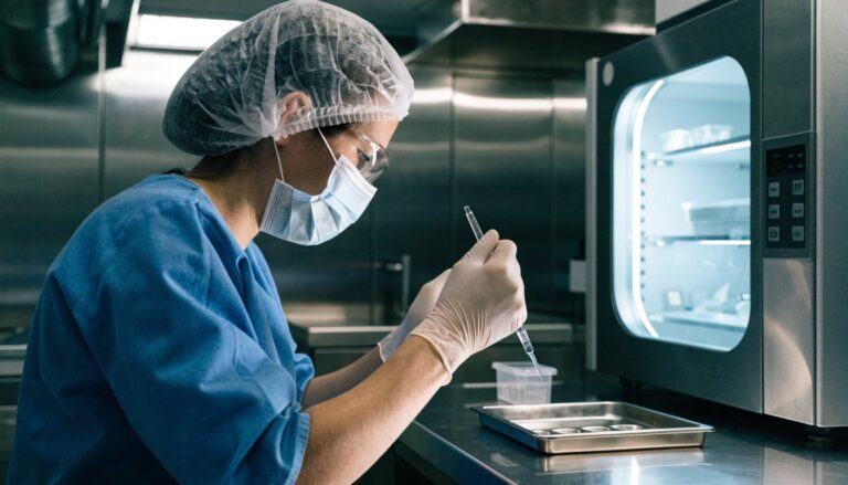 fertilização in vitro em Capelinha: Embriologista de touca e máscara manipula micropipeta ao lado da incubadora no laboratório de FIV