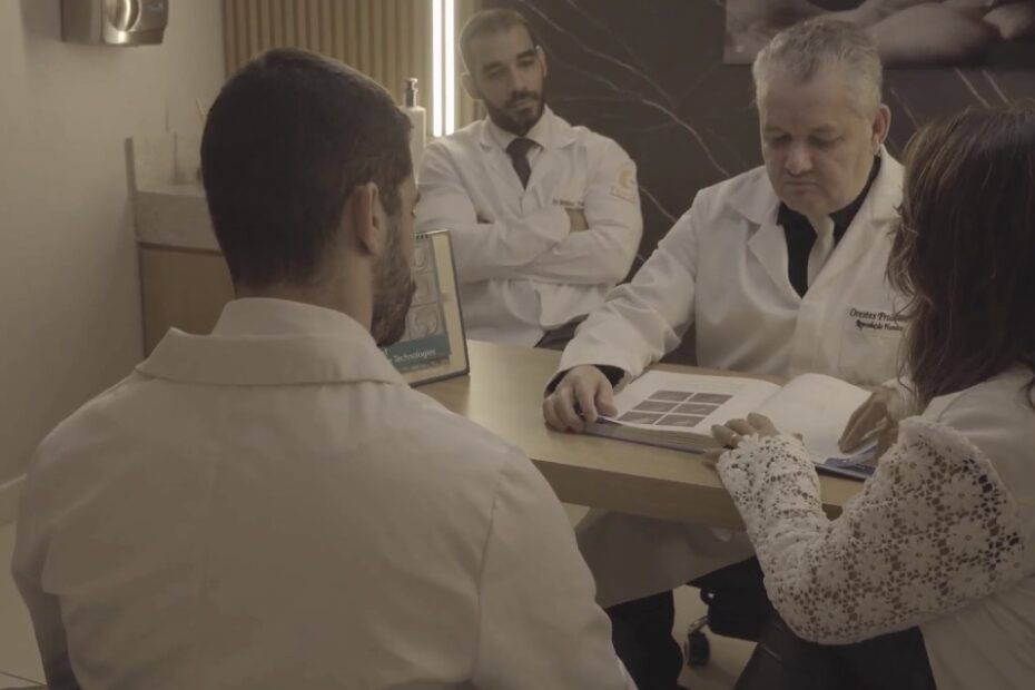 primeira consulta em reprodução assistida: Dr. Orestes Prudêncio e equipe médica da Fértil em consulta com um casal, analisando prontuário com imagens de embriões